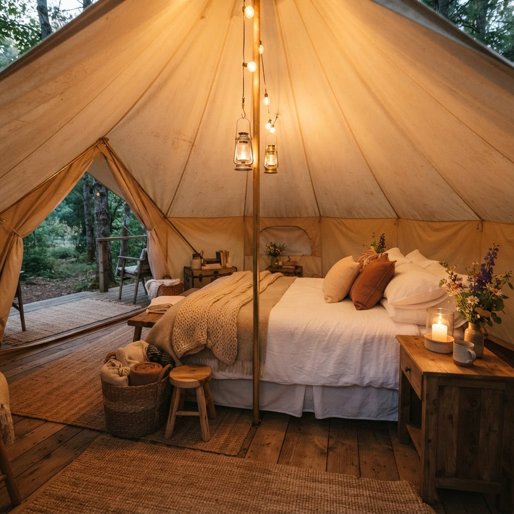 Luxurious interior of an Amigos Glamping canvas bell tent with plush bedding and warm lighting