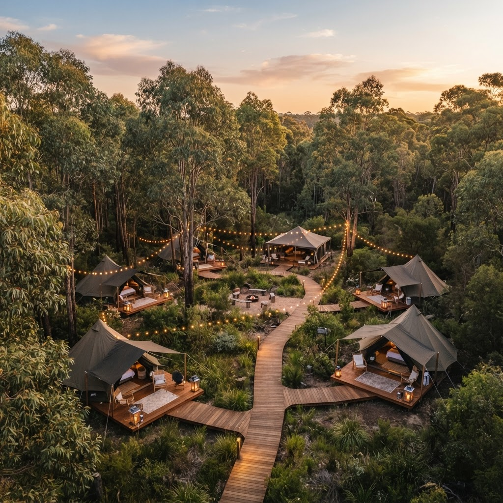 Amigos Glamping campsite at golden hour with canvas tents among Victoria's eucalyptus trees