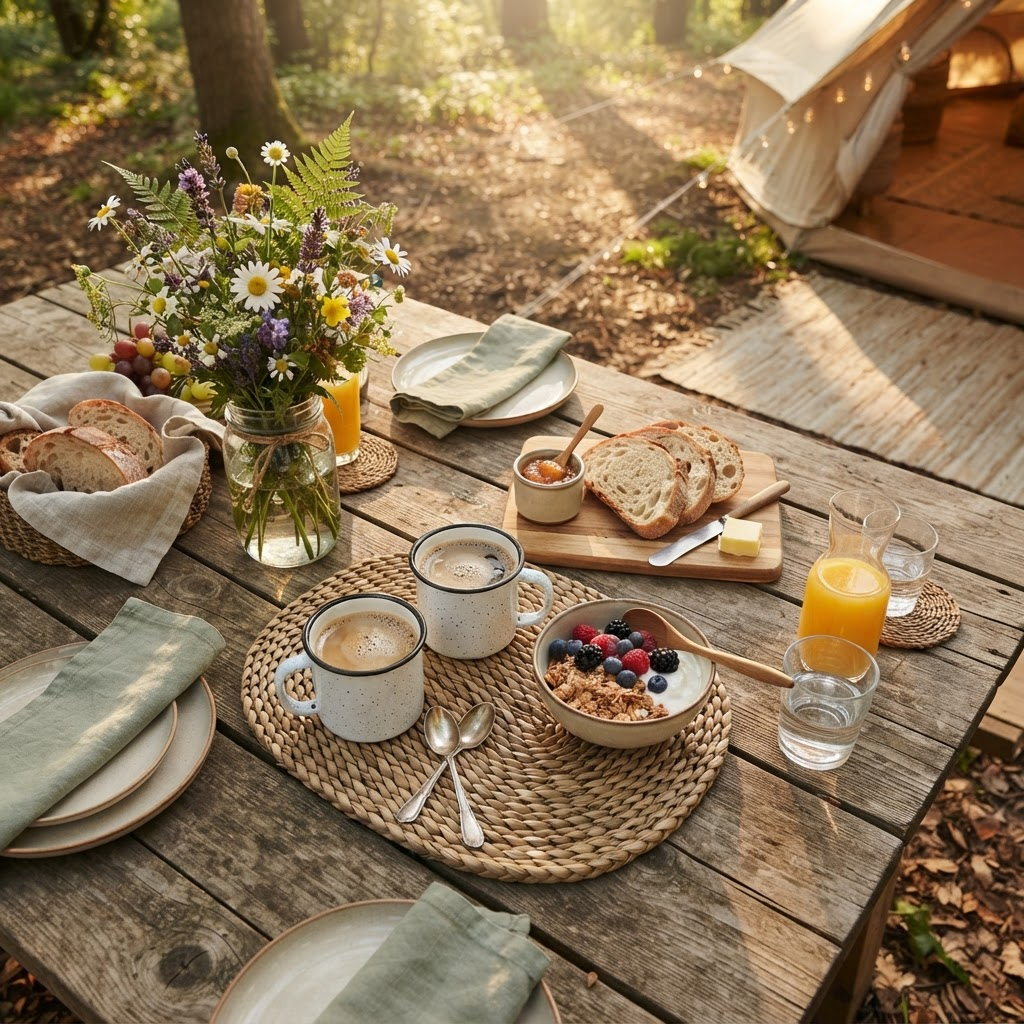 Rustic outdoor breakfast table with fresh fruit, bread, and coffee at a glamping site