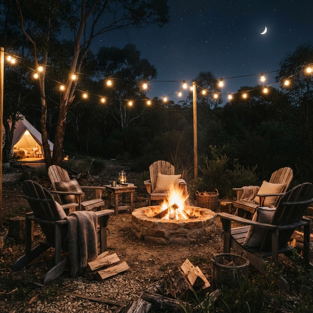 Stone fire pit glowing with warm embers surrounded by Adirondack chairs and string lights