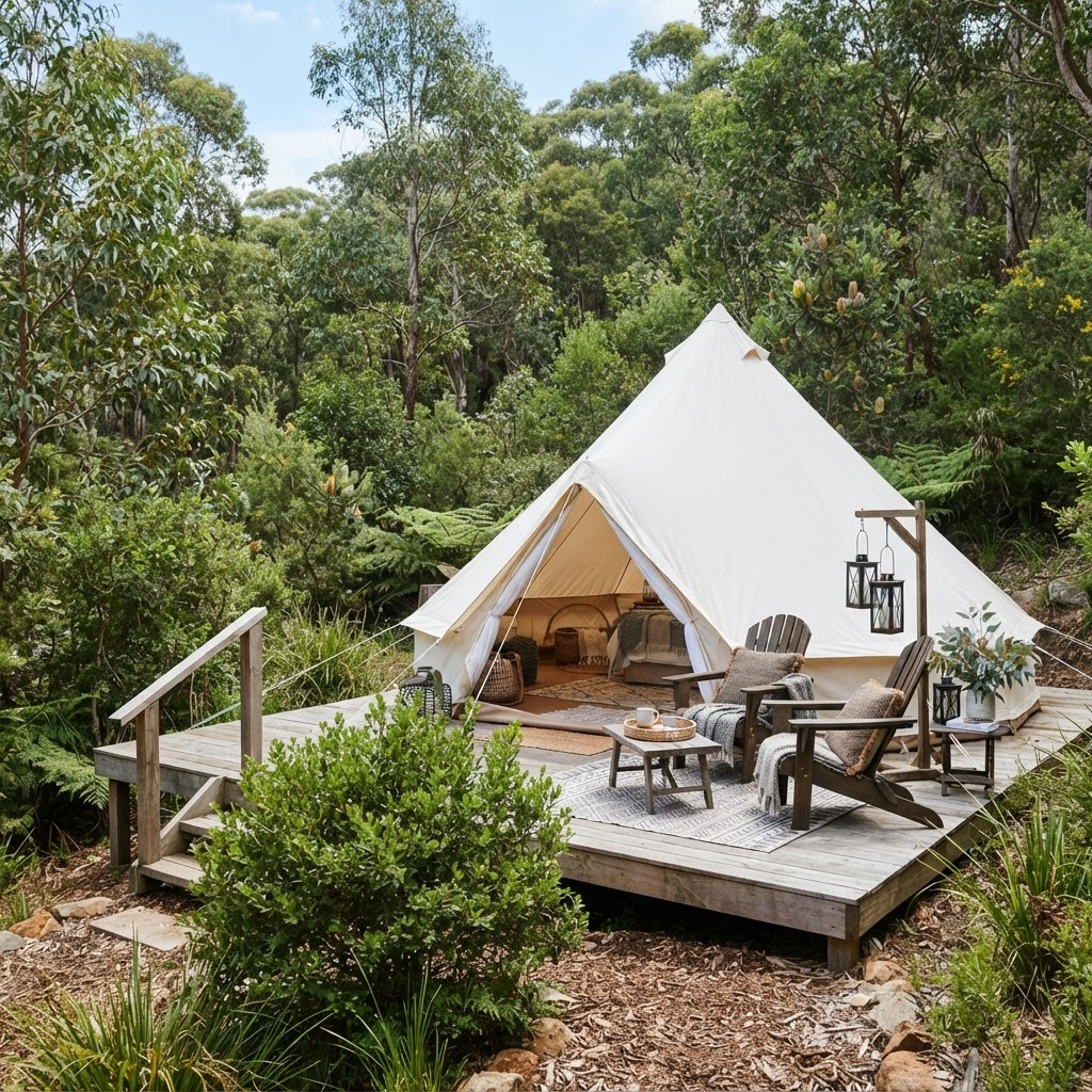 Luxury canvas bell tent on a timber platform surrounded by Australian bush